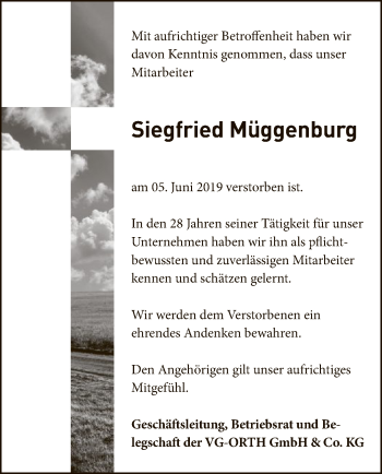 Todesanzeige von Siegfried Müggenburg von HNA