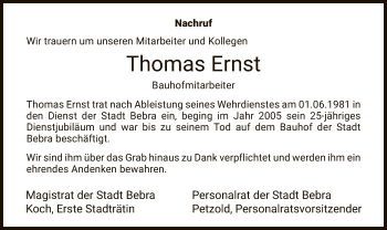 Todesanzeige von Thomas Ernst von HNA