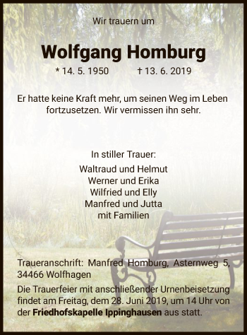 Todesanzeige von Wolfgang Homburg von HNA