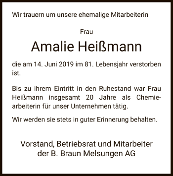 Todesanzeige von Amalie Heißmann von HNA