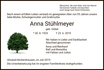 Todesanzeige von Anna Stühlmeyer von HNA