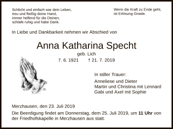 Todesanzeige von Anna Katharina Specht von HNA