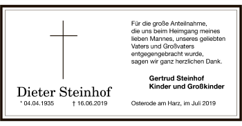 Todesanzeige von Dieter Steinhof von HNA