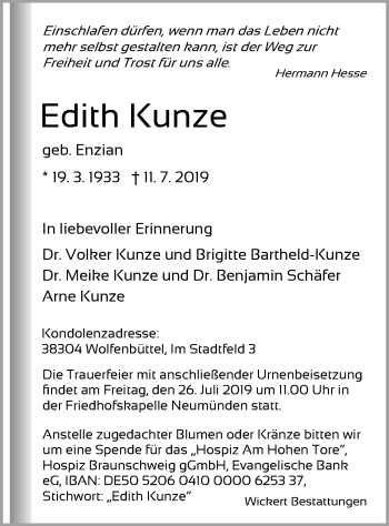Todesanzeige von Edith Kunze von HNA