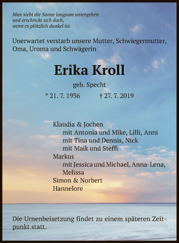 Todesanzeige von Erika Kroll von HNA
