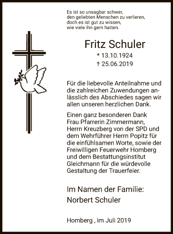 Todesanzeige von Fritz Schuler von HNA