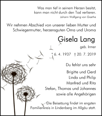 Todesanzeige von Gisela Lang von HNA
