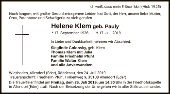 Todesanzeige von Helene Klem von HNA