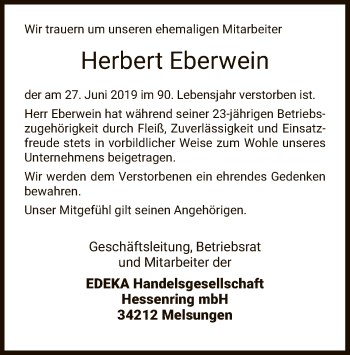 Todesanzeige von Herbert Eberwein von HNA