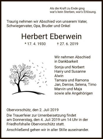 Todesanzeige von Herbert Eberwein von HNA