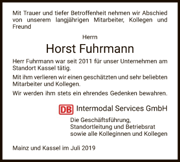 Todesanzeige von Horst Fuhrmann von HNA