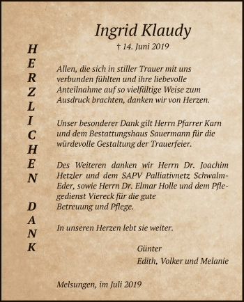 Todesanzeige von Ingrid Klaudy von HNA