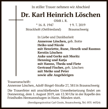 Todesanzeige von Karl Heinrich Löschen von HNA