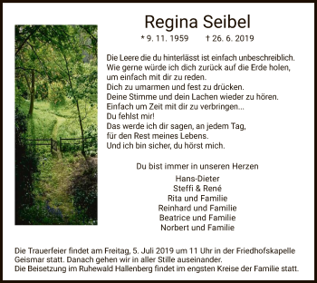 Todesanzeige von Regina Seibel von HNA
