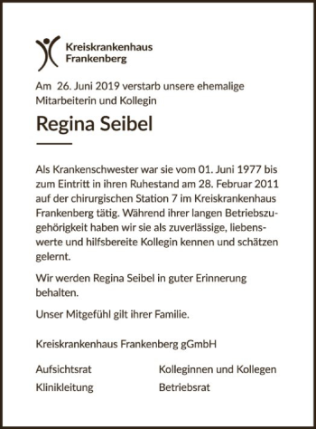 Todesanzeige von Regina Seibel von HNA