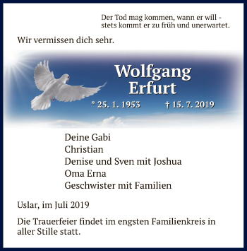 Todesanzeige von Wolfgang Erfurt von HNA