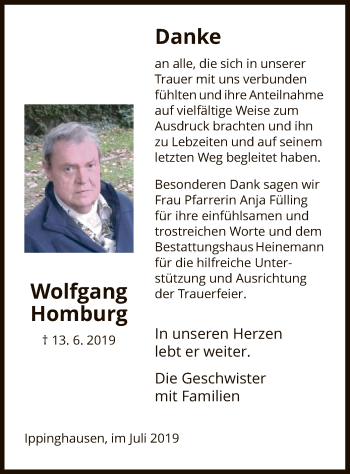 Todesanzeige von Wolfgang Homburg von HNA