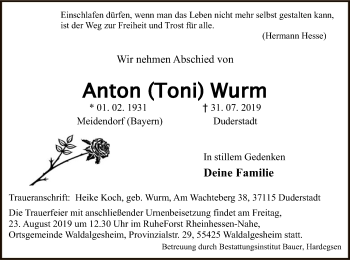 Todesanzeige von Anton Wurm von HNA