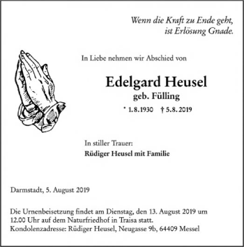 Todesanzeige von Edelgard Heusel von HNA