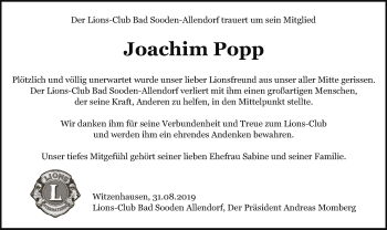 Todesanzeige von Joachim Popp von HNA