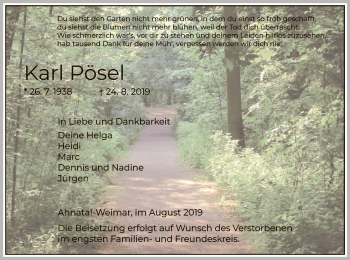 Todesanzeige von Karl Pösel von HNA