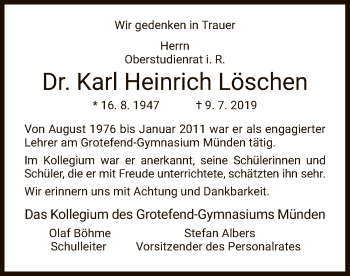 Todesanzeige von Karl Heinrich Löschen von HNA