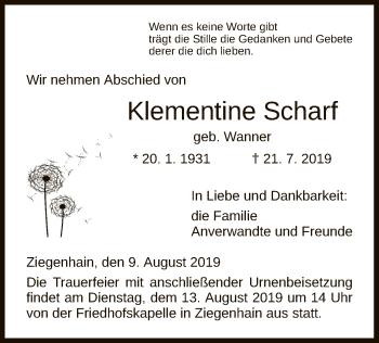 Todesanzeige von Klementine Scharf von HNA