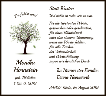 Todesanzeige von Monika Hornstein von HNA