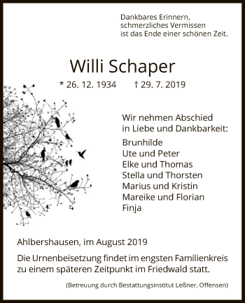 Todesanzeige von Willi Schaper von HNA