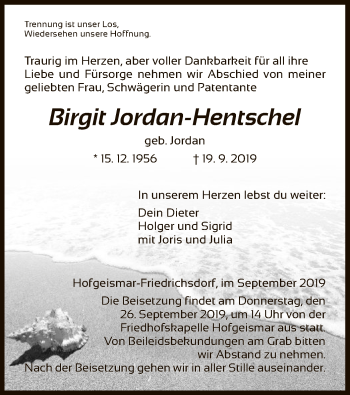 Todesanzeige von Birgit Jordan-Hentschel von HNA