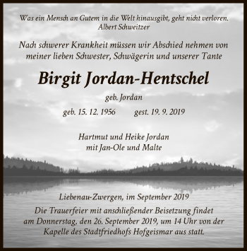 Todesanzeige von Birgit Jordan-Hentschel von HNA