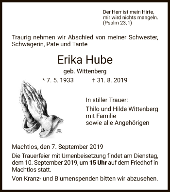 Todesanzeige von Erika Hube von HNA