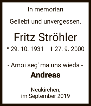 Todesanzeige von Fritz Ströhler von HNA