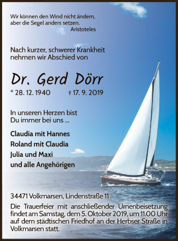 Todesanzeige von Gerd Dörr von HNA