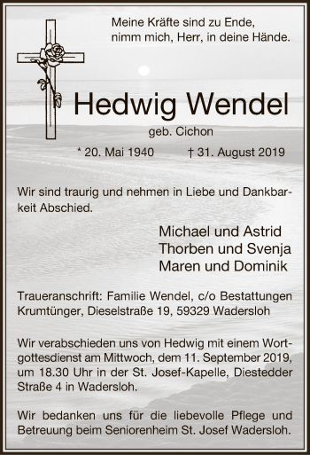 Todesanzeige von Hedwig Wendel von HNA