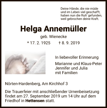 Todesanzeige von Helga Annemüller von HNA