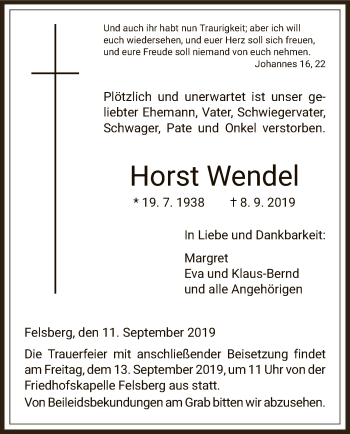 Todesanzeige von Horst Wendel von HNA