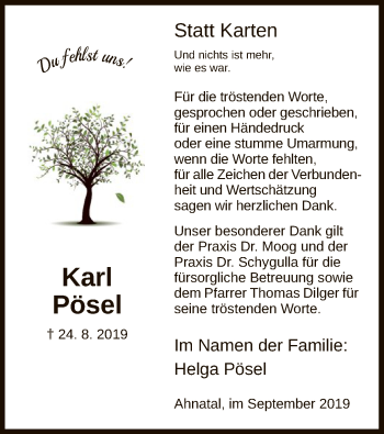 Todesanzeige von Karl Pösel von HNA