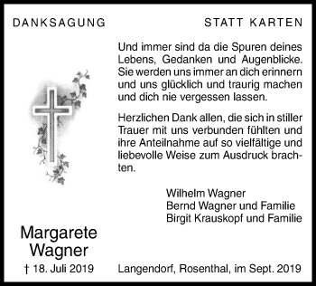 Todesanzeige von Margarete Wagner von HNA