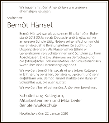 Todesanzeige von Berndt Hänsel von HNA