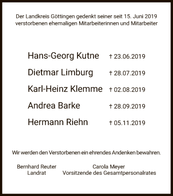 Todesanzeige von Der Landkreis Göttingen  gedenkt von HNA
