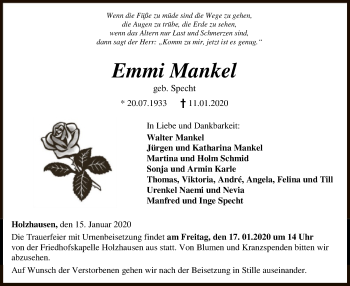 Todesanzeige von Emmi Mankel von HNA