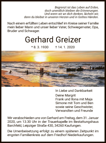 Todesanzeige von Gerhard Greizer von HNA