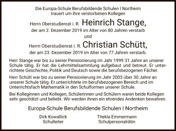 Todesanzeige von Heinrich Stange von HNA