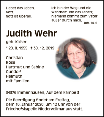 Todesanzeige von Judith Wehr von HNA