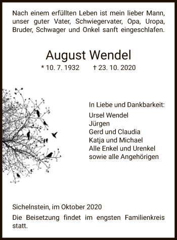 Todesanzeige von August Wendel von HNA