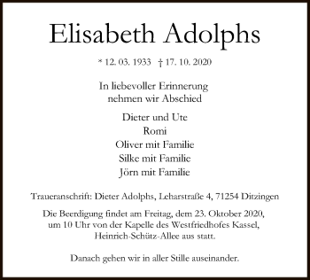 Todesanzeige von Elisabeth Adolphs von HNA