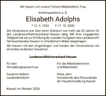 Todesanzeige von Elisabeth Adolphs von HNA