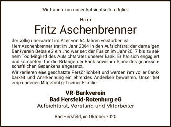 Todesanzeige von Friedrich Aschenbrenner von HNA