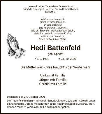 Todesanzeige von Hedi Battenfeld von HNA
